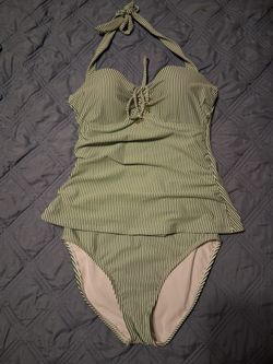 NWT Draper James 2 piece swimsuit tankini green & white stripes womens M