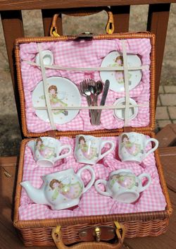 Vintage Delton Products "Little Angel" tea set with a wicker basket Kids Tea Set 10"wx7.5"h