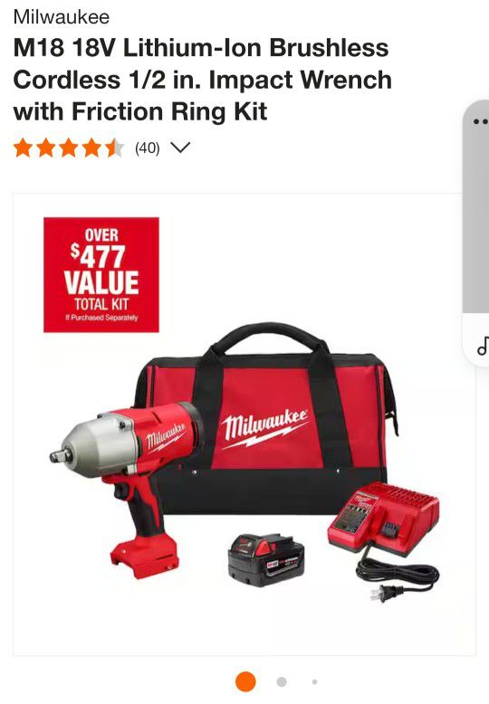 Milwaukee M18 1/2 inch. Impact Wrench with friction Ring Kit 