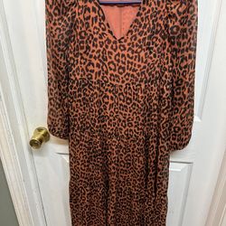 Loft Leopard Print Maxi Dress V Neck Tiered Gathered Detail Size 00 Petite Good Condition 