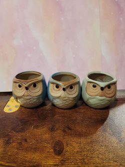 Miniature Handmade Ceramic Owl Succulent Planters (Set of 3) 2" Tall A4