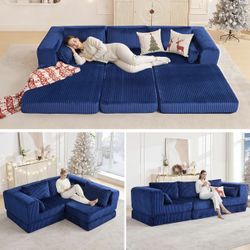 Corduroy Folding Convertible Sleeper Sofa Bed, Blue Pull Out Floor Modular Couch with Pillow, Memory Foam Boneless Couchs Sectional for Living Room Be