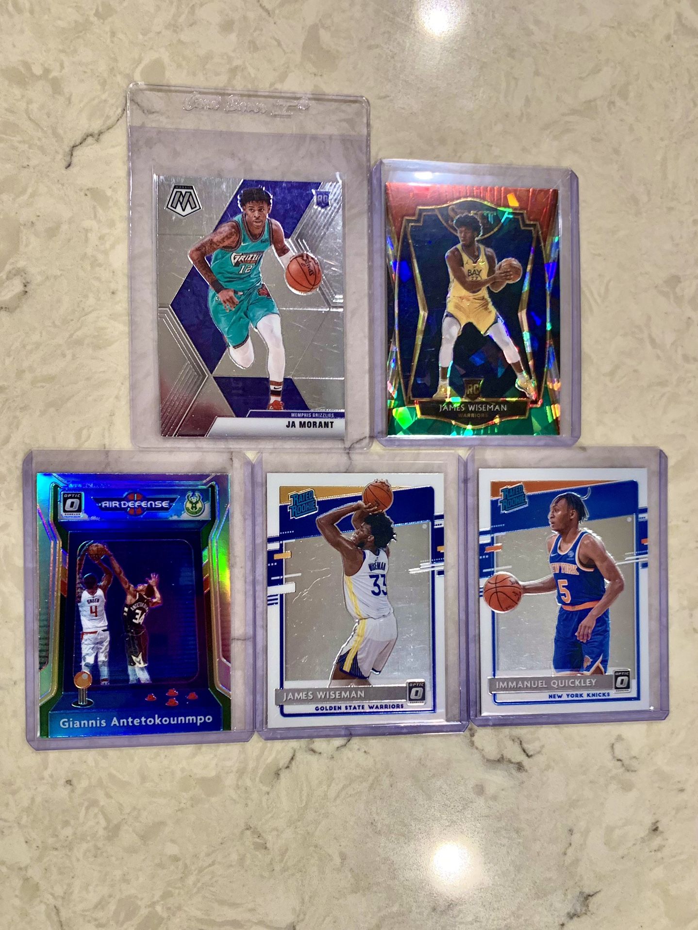 2020-21OPTIC BASKETBALL CARDS LOT: ANTHONY EDWARDS RC, JAMES WISEMAN, SILVER & PURPLE PRIZM, QUICKLEY, MAXEY, PRITCHARD, JA MORANT RC