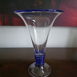 Crystal glass vase with cobalt blue spiral stem by Sasaki