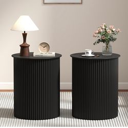 Small Round Side Table Fluted Night Stand Set of 2, 17.7" Mid Century Modern End Table, Circle Bedside Tables Wood Nightstands for Small Spaces, Livin