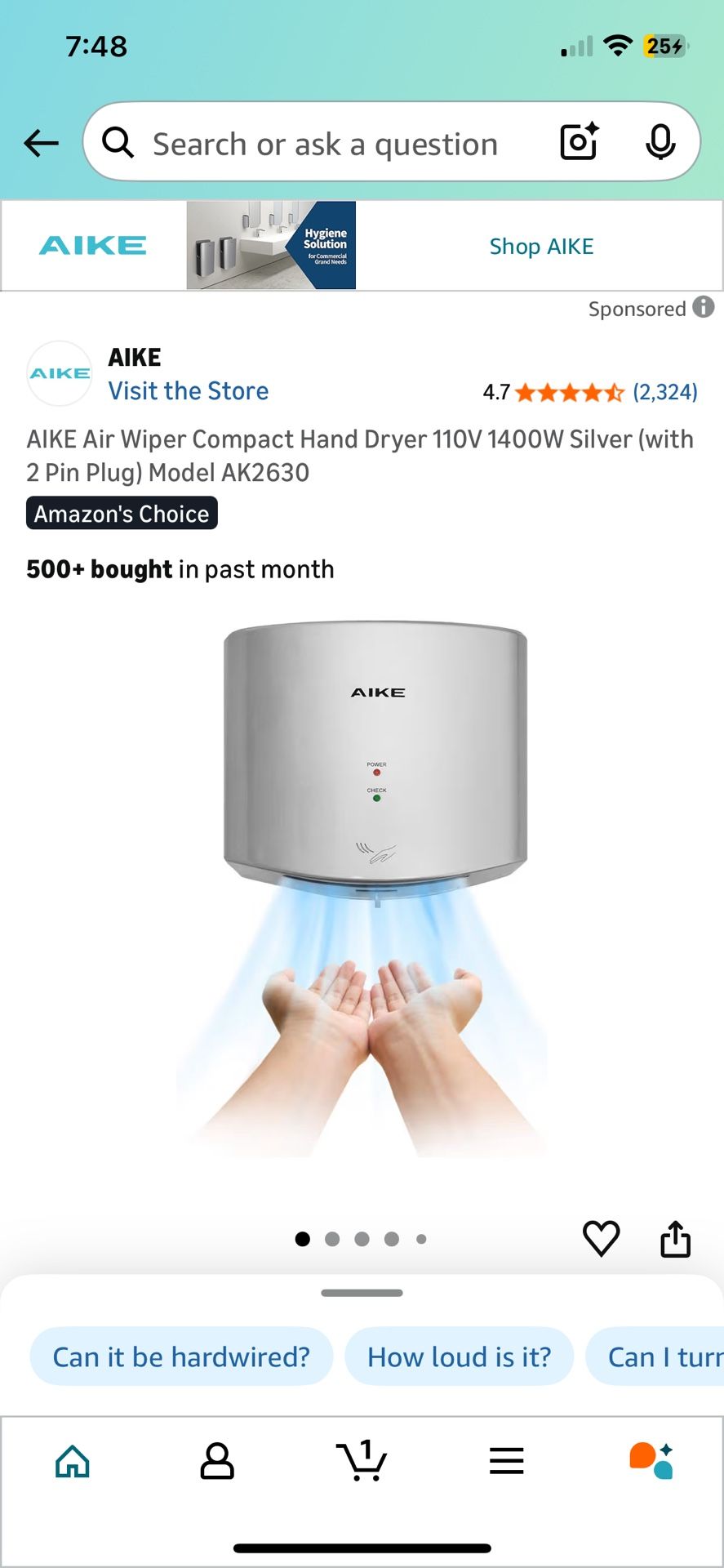 AIKE Air Wiper Compact Hand Dryer 110V 1400W Silver (with 2 Pin Plug) Model AK2630
