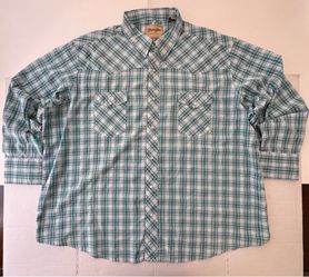 Pre Owned Excellent  Wrangler Western Shirt  Ling Sleeve Plaid  Pearl Snap Button  Teal Green White Men  Size 3XL