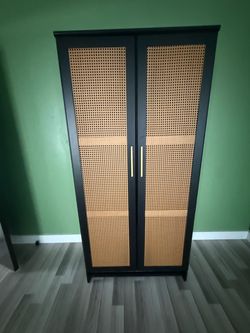 Black Wardrobe with Rattan Cane Door Panels