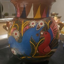 Vintage Terraccota Glazed Handpainted Mexican Pot