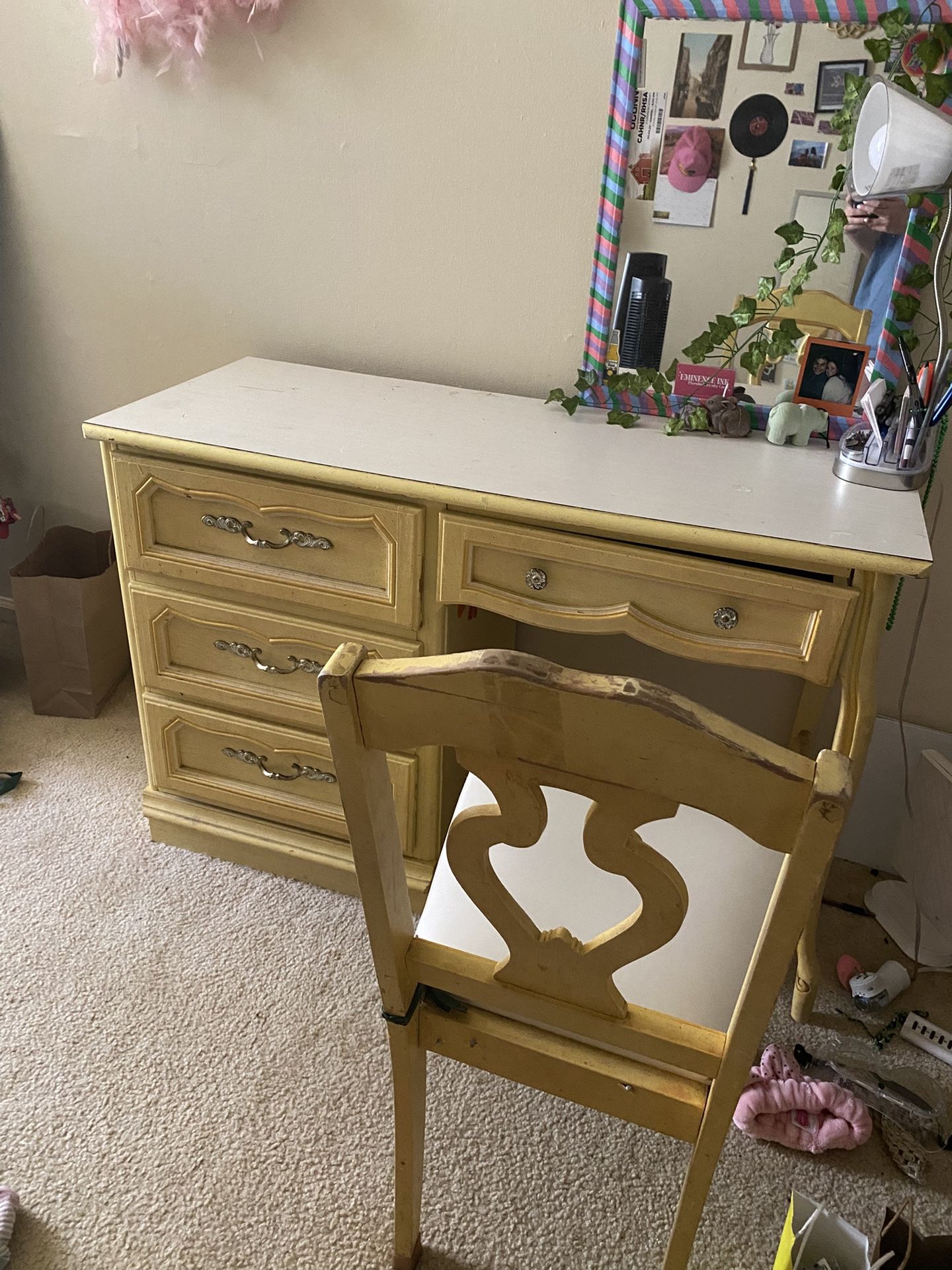 Yellow Wooden Desk With Chair