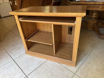 Wooden desk with keyboard and printer tray