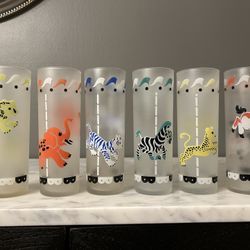 Libbey Carousel Animals 1950s Frosted Tom Collins Glasses Set 6