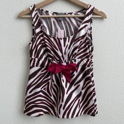 ANN TAYLOR Petite Brown Pink White Zebra Waist Bow Tie Sleeveless Tank Top NEW