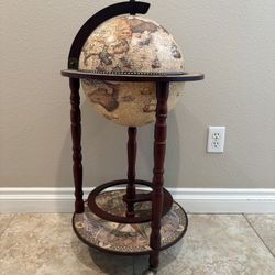 Antique Style Globe Bar Wood Map Print Lift-Up Top Freestanding Cabinet