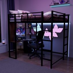 Full Size Loft Bed with Desk & Shelves