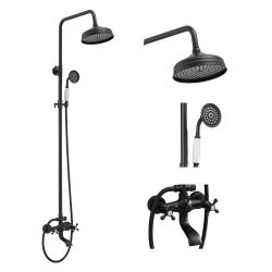 BWE 3-Spray Wall Bar Shower Kit with Tub Faucet and Double Cross Handle in Matte Black