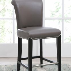 Abbyson Bronson 25 in. Grey Leather Counter Stool