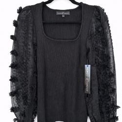 🖤 Black Ribbed Top with Textured Sheer Sleeves – NEW with Tag
