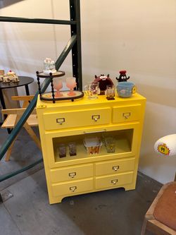 Yellow Painted Wood Dresser with Display Shelf