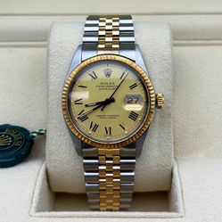 1987 Rolex Datejust 16013 36mm stainless steel jubilee bracelet factory yellow Buckley dial black hands gold fluted bezel watch box appraisal