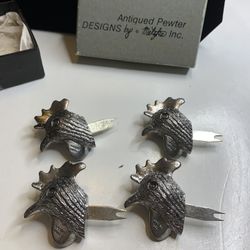 Metzke Pewter Rooster Head Corn Cob Holders/Horduerve Picks Set of 4