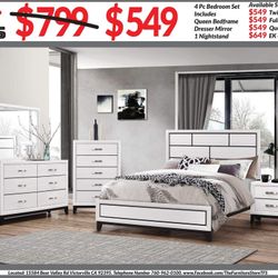 4pc Bedroom Set $549 Queen $649 Eastern King Includes bedframe Dresser mirror nightstand White Bedroom Set