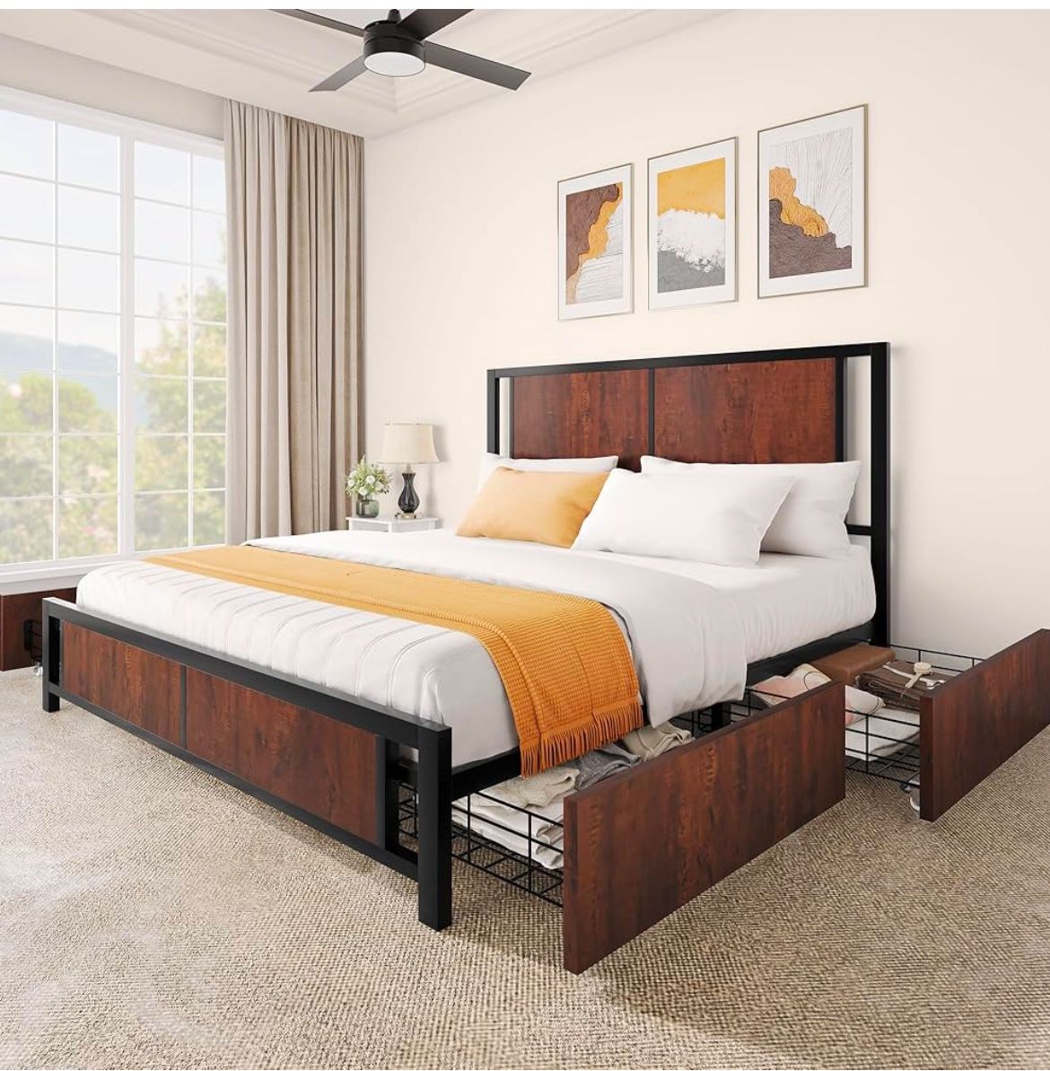 YITAHOME Queen Size Bed Frame With 4 Drawers, Metal Platform Bed With Storage