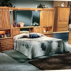 Solid Wood Large Lighted Headboard And Armoire