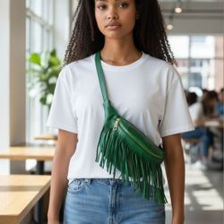 3AM Forever Green Fringe Fanny Pack/Crossbody Faux Leather W Gold-tone Hardware. Very Good Condition. See Pics. 
This item is a "3AM Forever" green fr