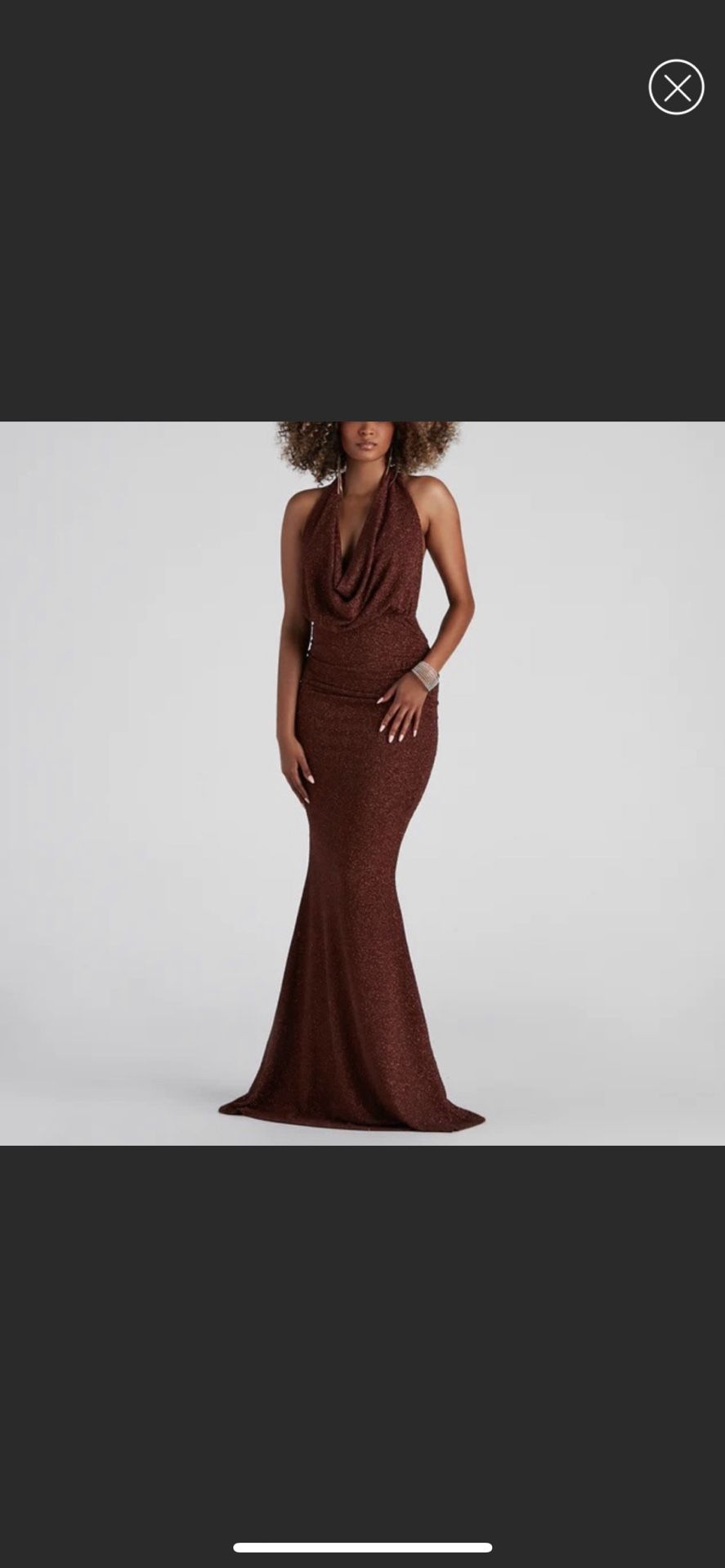 Windsor Sparkley Stretch Backless Cowl Neck Mermaid Gown-Brown Sz S