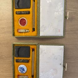 Complete Chinese Calligraphy Set – Includes 2 traditional calligraphy brushes, ink stone, ink stick, red ink paste porcelain bowl, and stone seal for 