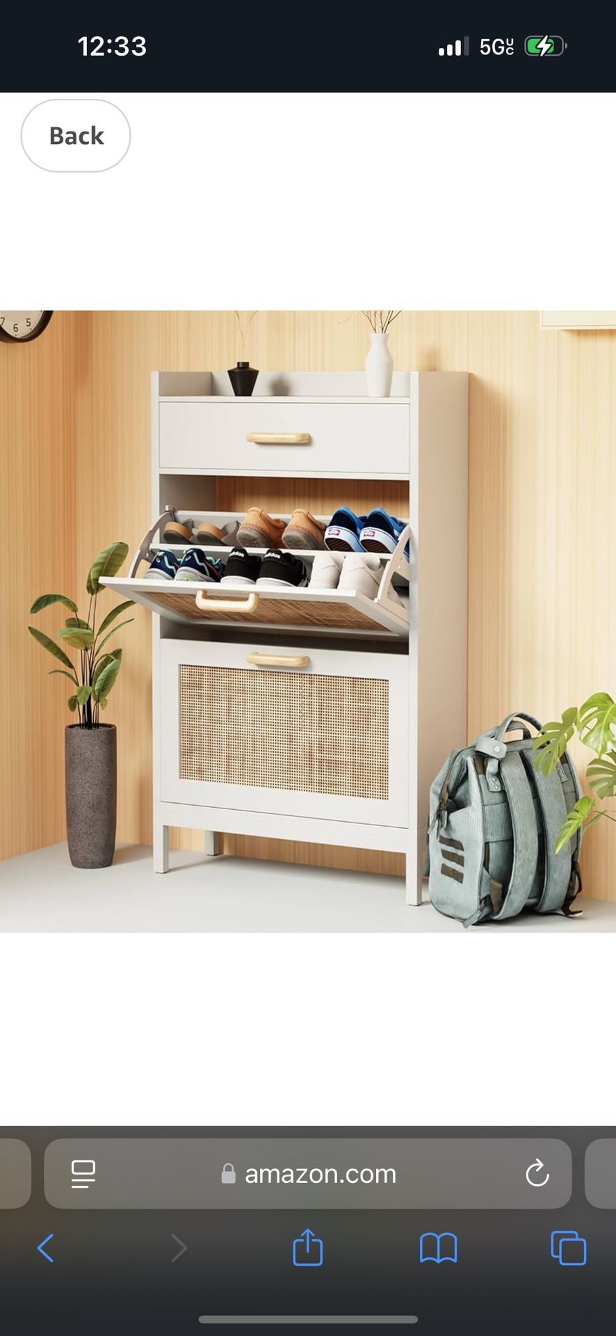 Wood Hidden Shoe Rack - Narrow Shoe Cabinet with Drawer, 2 Tilting Shoe Organizer & Shelf - Rattan Shoe Storage Cabinet for Entryway, Nonslip Shoe Dre