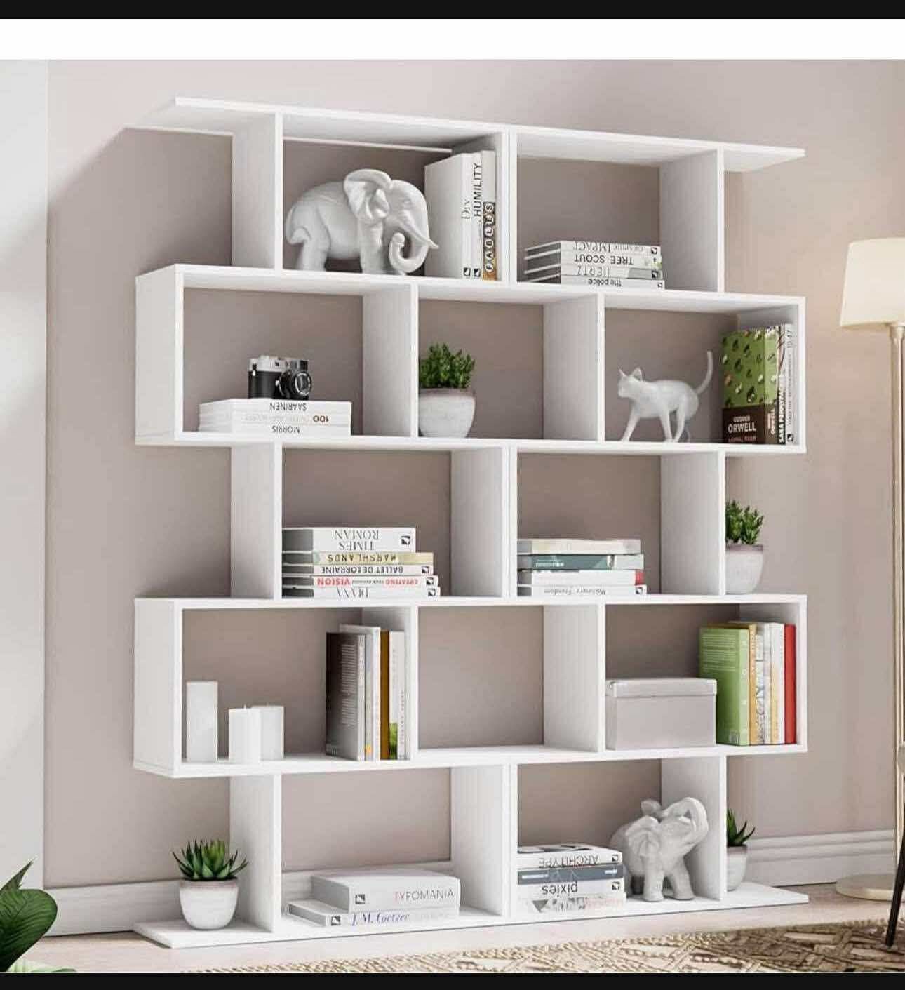 62" Tall Unique  Bookcase with 5-Tier Display Shelf for Living Room Office, White S-42