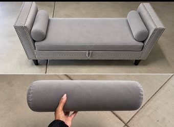 Gray Velvet Storage Bench with Nailhead Trim