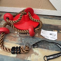 RedSwing Climbing Rope Swing for Trees, Heavy Duty Plastic Disc Swing Seat for Kids and Adults with Hanging Strap and Snap Hooks, Red