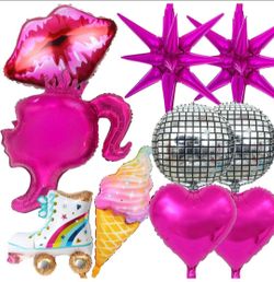 9Pcs Hot Pink Princess Foil Balloon Silver Disco Ball Balloons Girl Head
