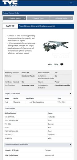 Ford Mustang drivers power window regulator/motor assembly brand new in box.1994-2004