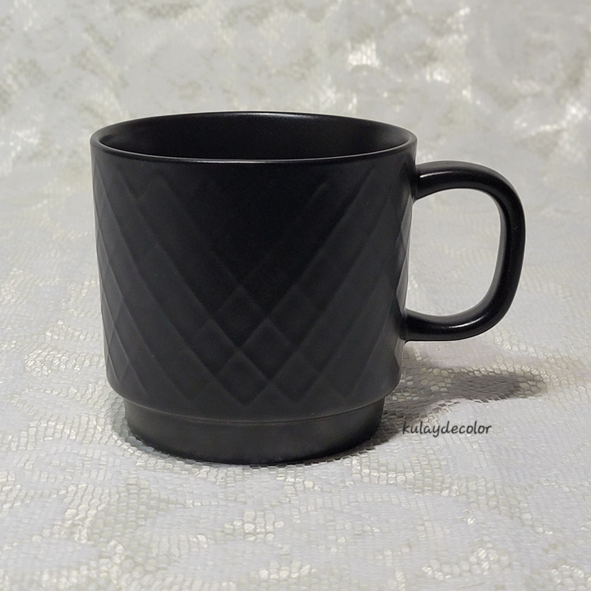 Starbucks 2013 Matte Black Embossed Quilted Diamond Pattern Textured Ceramic Mug