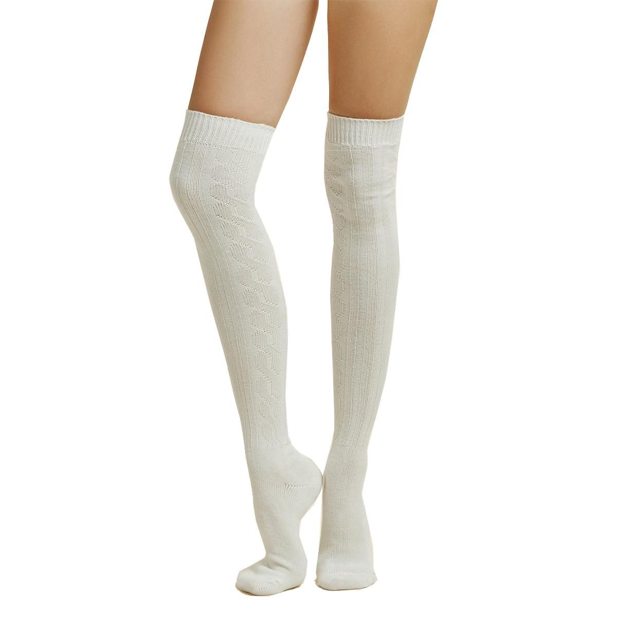 Womens Over The Knee Cable Knit Socks Warm Insulated Winter Warm Boot-Cream