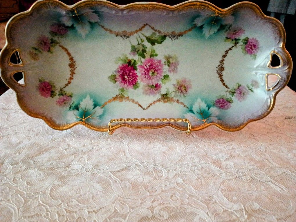 PK Silesia Hand painted Tray Floral And Gold Accents 