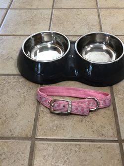 Small Food/Water Bowl Combo With Small Pink Collar