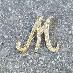 Vtg Gold Tone Letter "M" Brooch Pin with Rhinestone Accents