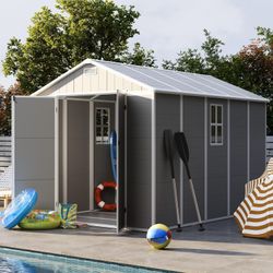 UDPATIO 8x10ft outdoor shed. Gray. Resin material.