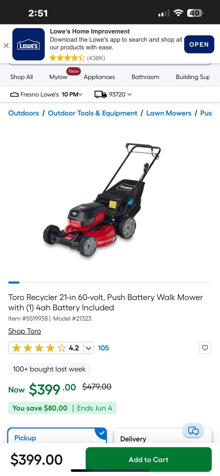 TORO Battery Powered Push Mower(new)