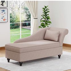 Storage Chaise Lounge Indoor Upholstered Lounge Chair for Bedroom Living Room Sofa Recliner Tan Fabric with Wood Legs (Right Armrest)