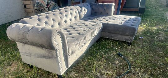 Grey Velvet Tufted Chesterfield Sectional Sofa