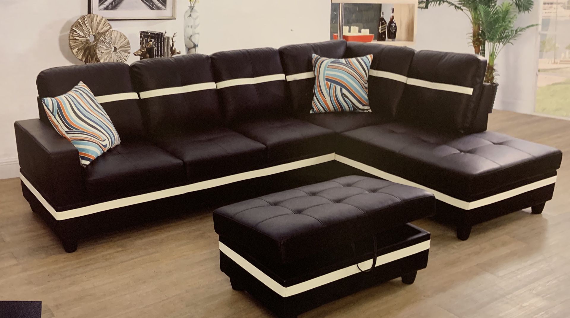 New Black With White Faux Leather Sectional Couch With Storage Ottoman