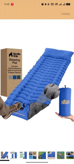 GORILLA GRIP Slip-Resistant Inflatable Sleeping Pad with Grip Dots, Foot Pump, Puncture Resistant Lightweight Camping Mattress, Air Mats Travel Backpa
