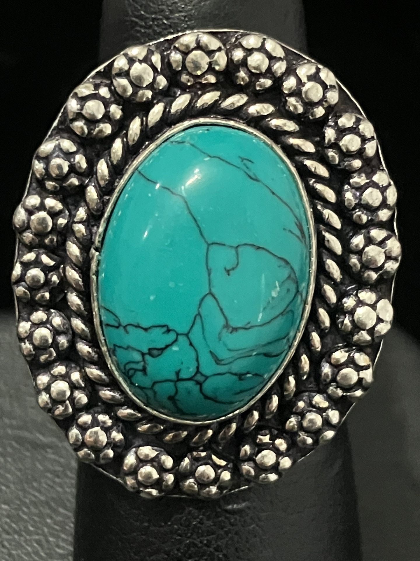 Turquoise Synthetic German Silver Ring Sz 7
