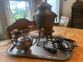 Antique Circa 1920’s elegant Coffee maker serving set on tray. Creamer and sugar set. Most likely silver plated. Universal brand